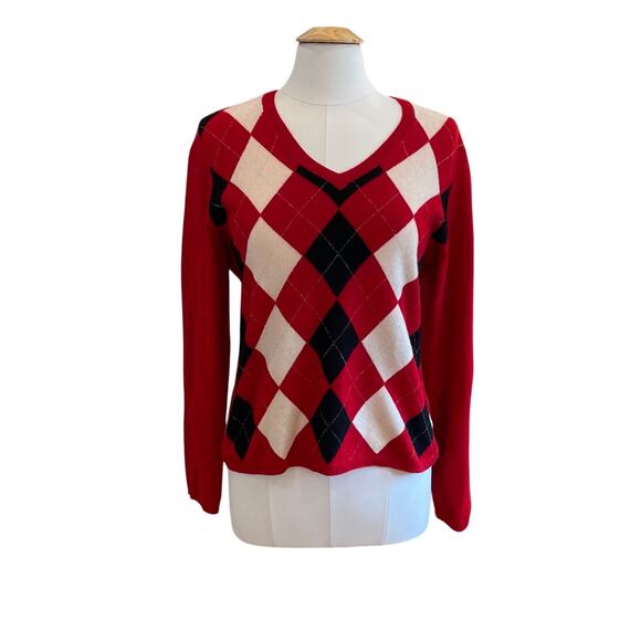 Charter Club 100% Cashmere Red Argyle Preppy V-Neck Sweater, Size L - Picture 1 of 10